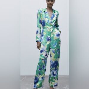 ZARA Collared Floral Print Jumpsuit Green Multicolored Size SMALL